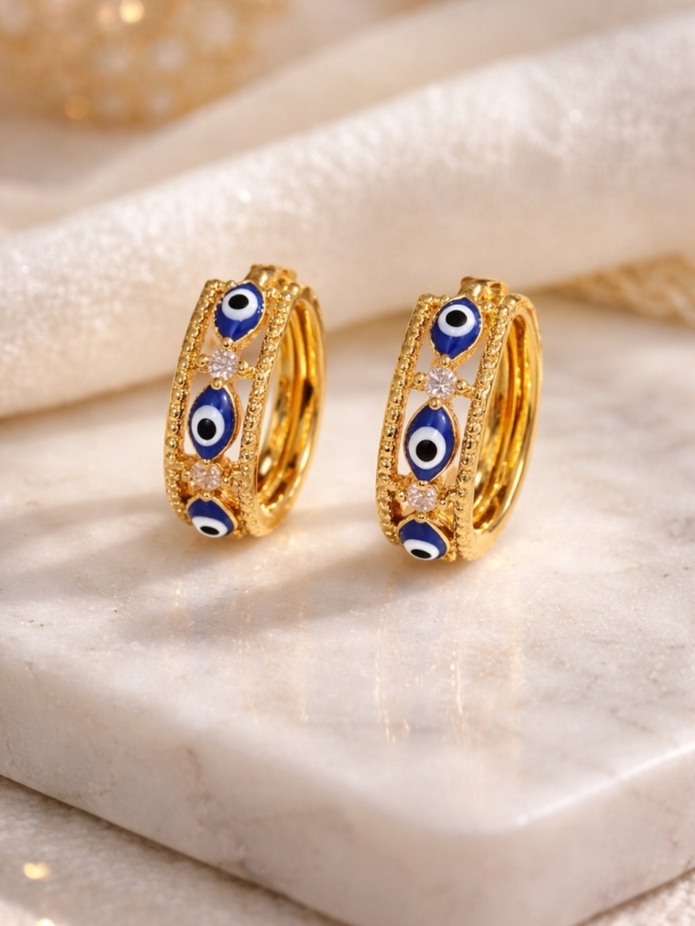 Gold Plated Blue Evil Eye Hoop Earrings